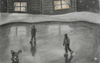 Dokończony szkic dzieci i kota na lodzie